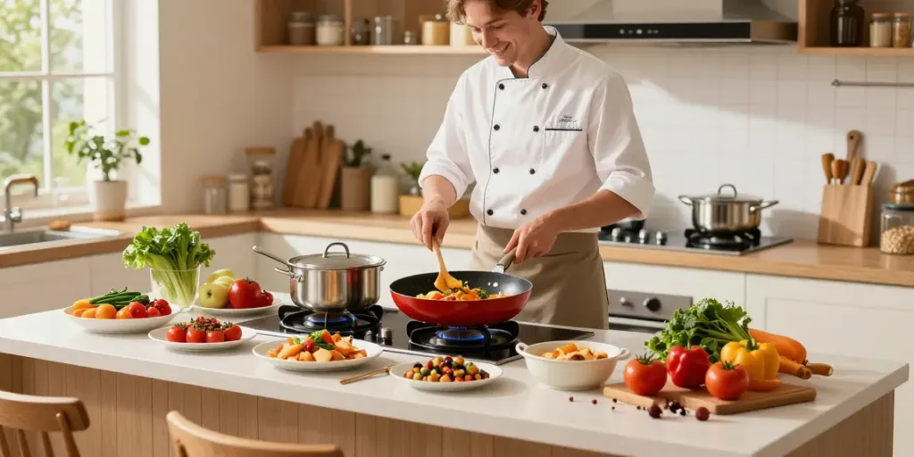 CookWare Price in Bangladesh showcased in a warm kitchen with various cookware options being prepared.
