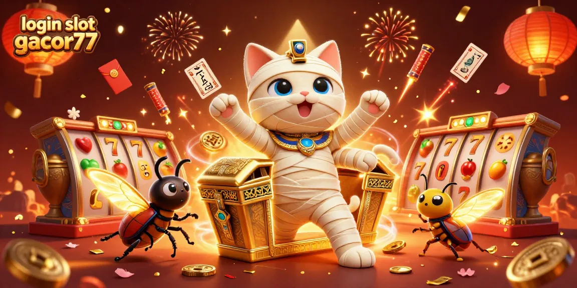 Engage with login slot gacor77 as the Egyptian mummy cat and scarab beetle celebrate in a dynamic casino scene.