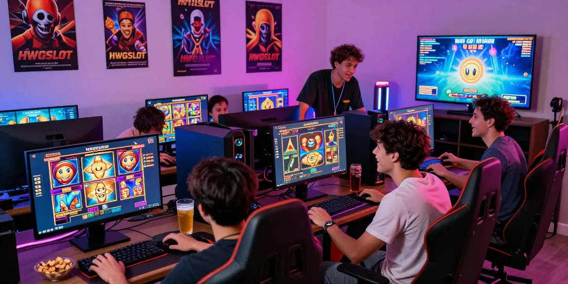 Exciting group gaming session featuring HWGSLOT, showcasing friends engaging with colorful slot games and gaming gear.