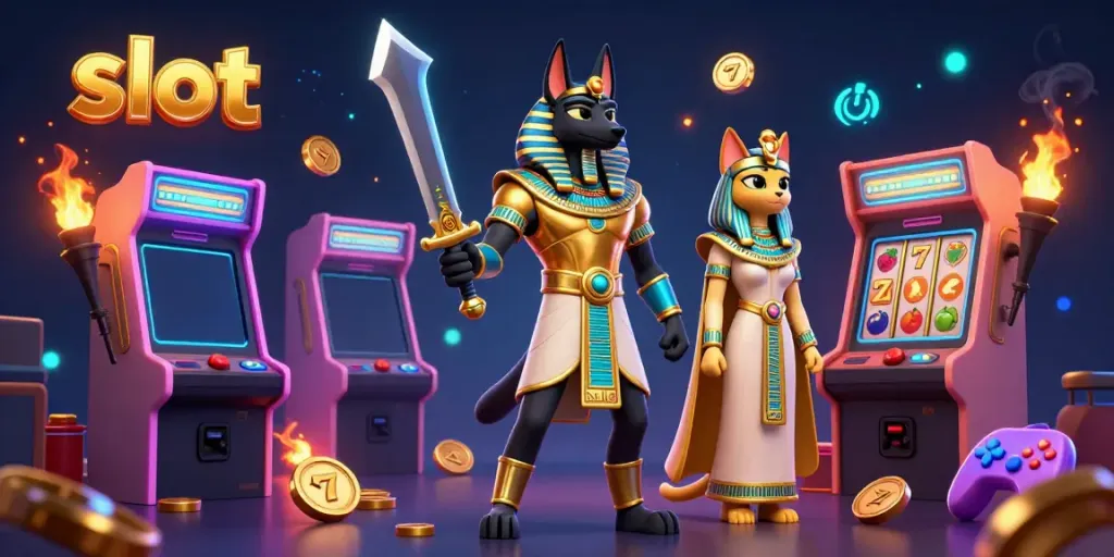Engaging slot scene featuring Anubis and a sacred cat with slot reels, bursting with vibrant game elements.