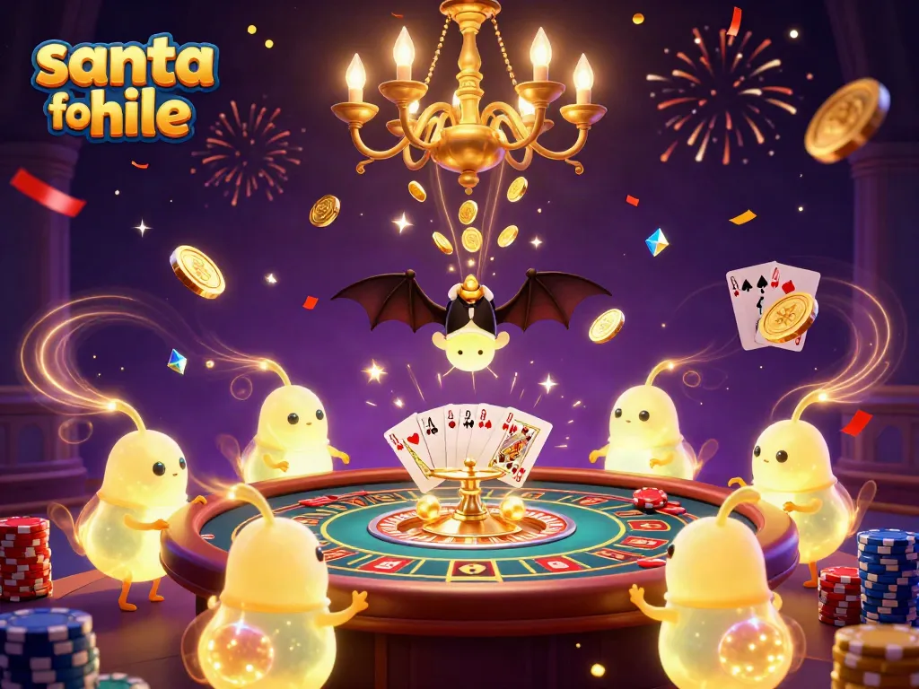 Engaging scene with glowworms lighting up a casino for 'santa for hire', showcasing vibrant gambling elements.
