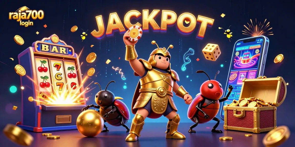 Raja700 login dalam ilustrasi 3D menampilkan karakter pemenang dan jackpot kasino.