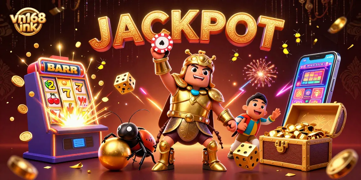 Spin to win at vn168 ink with a colorful 3D casino adventure featuring lucky symbols and champions.