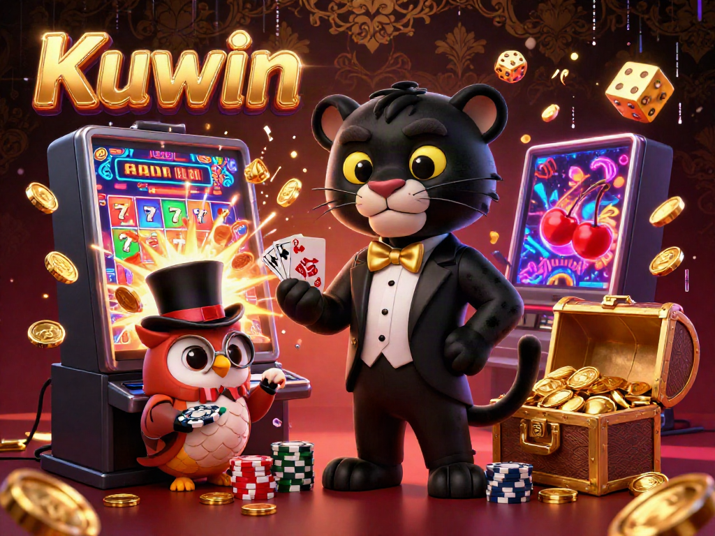Kuwin casino illustration featuring a confident tuxedo-wearing panther dealing cards amidst a vibrant slot machine jackpot explosion.