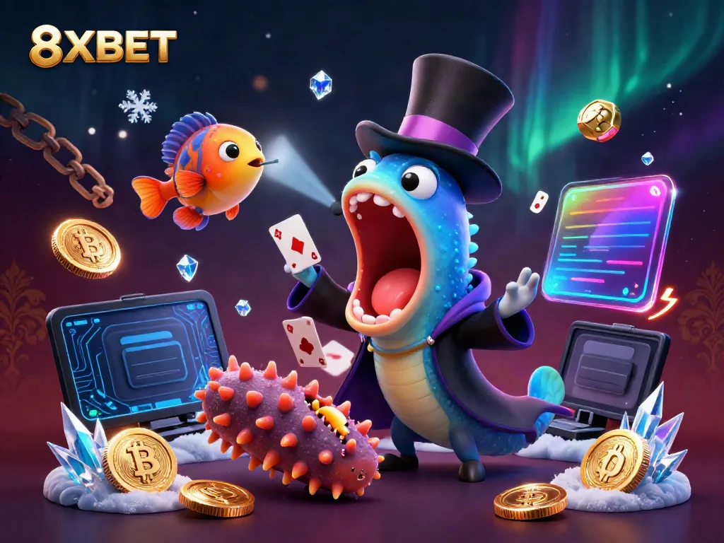 Engage with 8XBET's vibrant casino scene featuring magical underwater characters and dazzling coin elements.