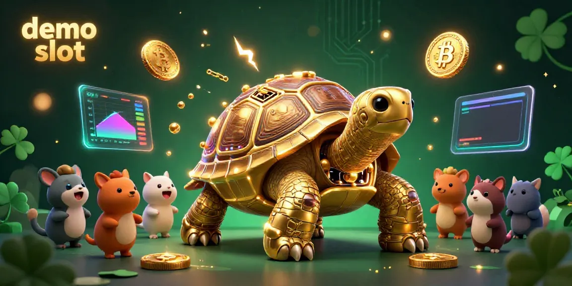 Menggunakan demo slot, gambar 3D detail tinggi menampilkan kura-kura emas kolosal dan slot roulette dengan koin Bitcoin menyala.
