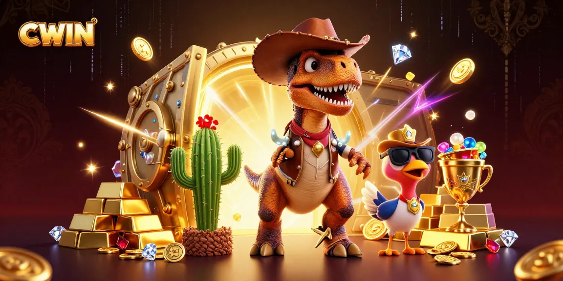 CWIN brings thrilling jackpot excitement with a T-Rex cowboy and treasures in a vibrant casino scene