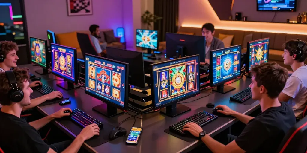 Exciting group of players enjoying slot online games in a cozy gaming environment.