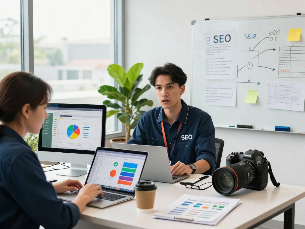Operators strategizing Google Maps SEO services in a dynamic workspace.