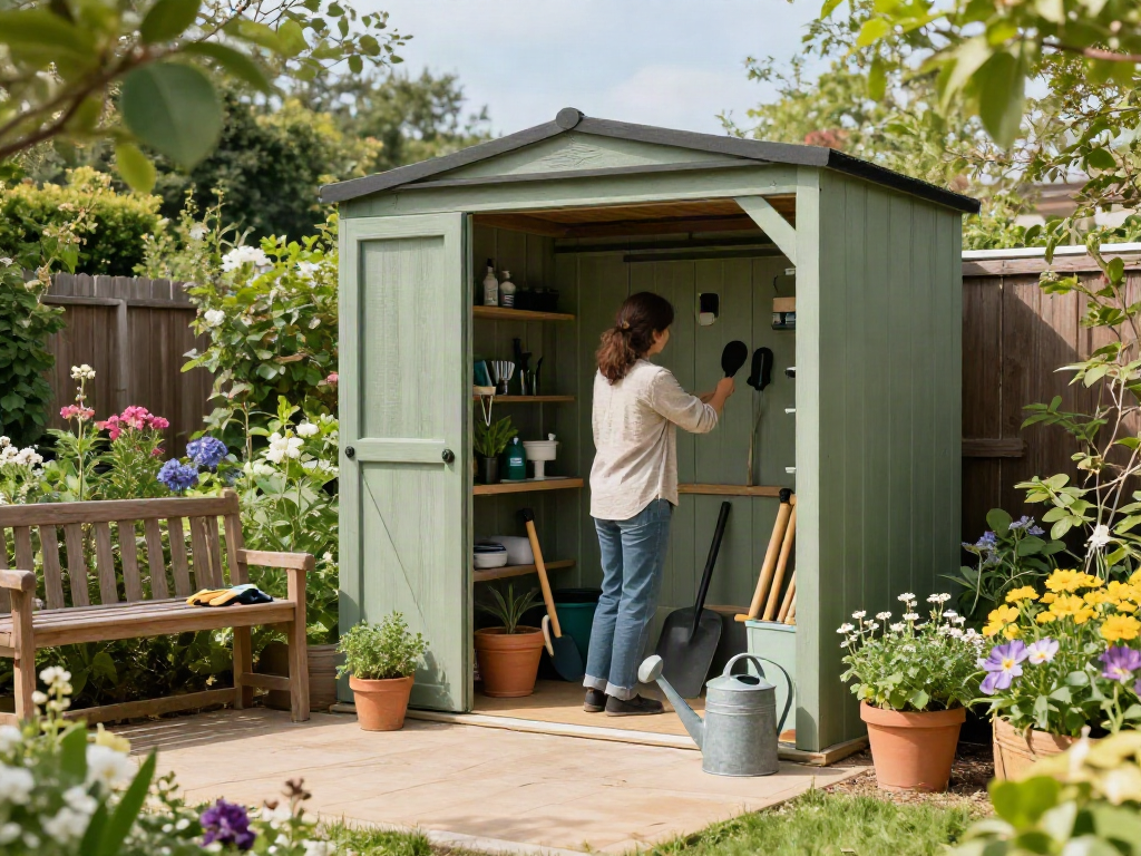 Organised outdoor garden storage with tools, shed, and blooming flowers.