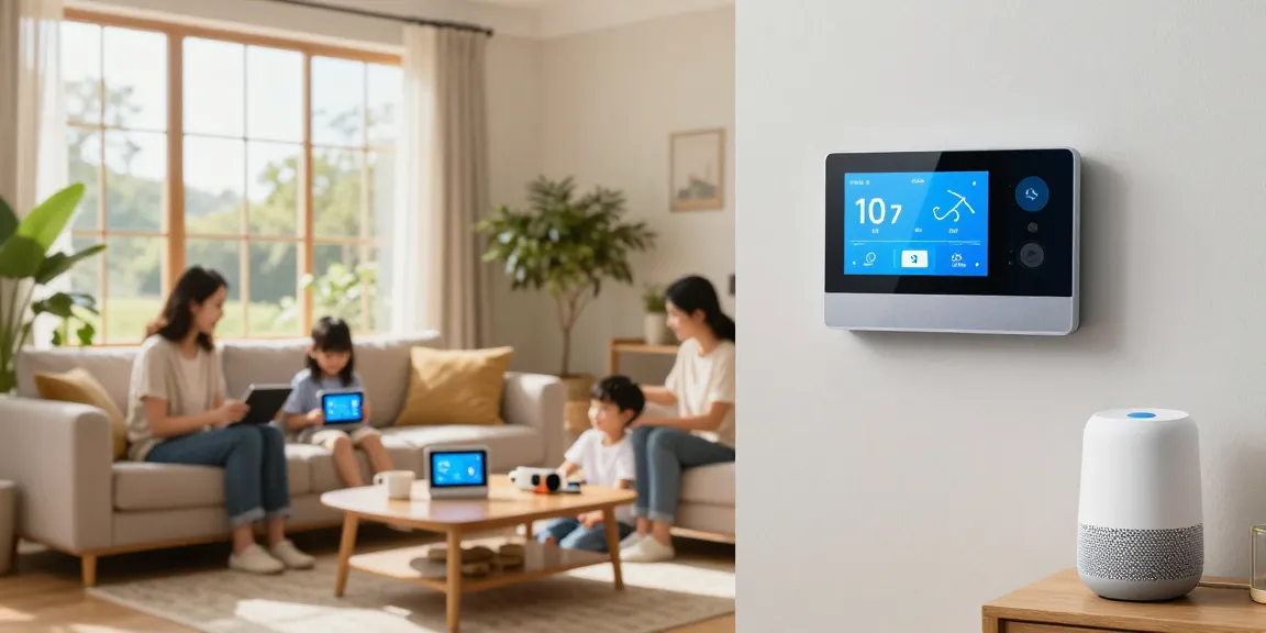 Family enjoying smart thermostat in a cozy living room with technology.