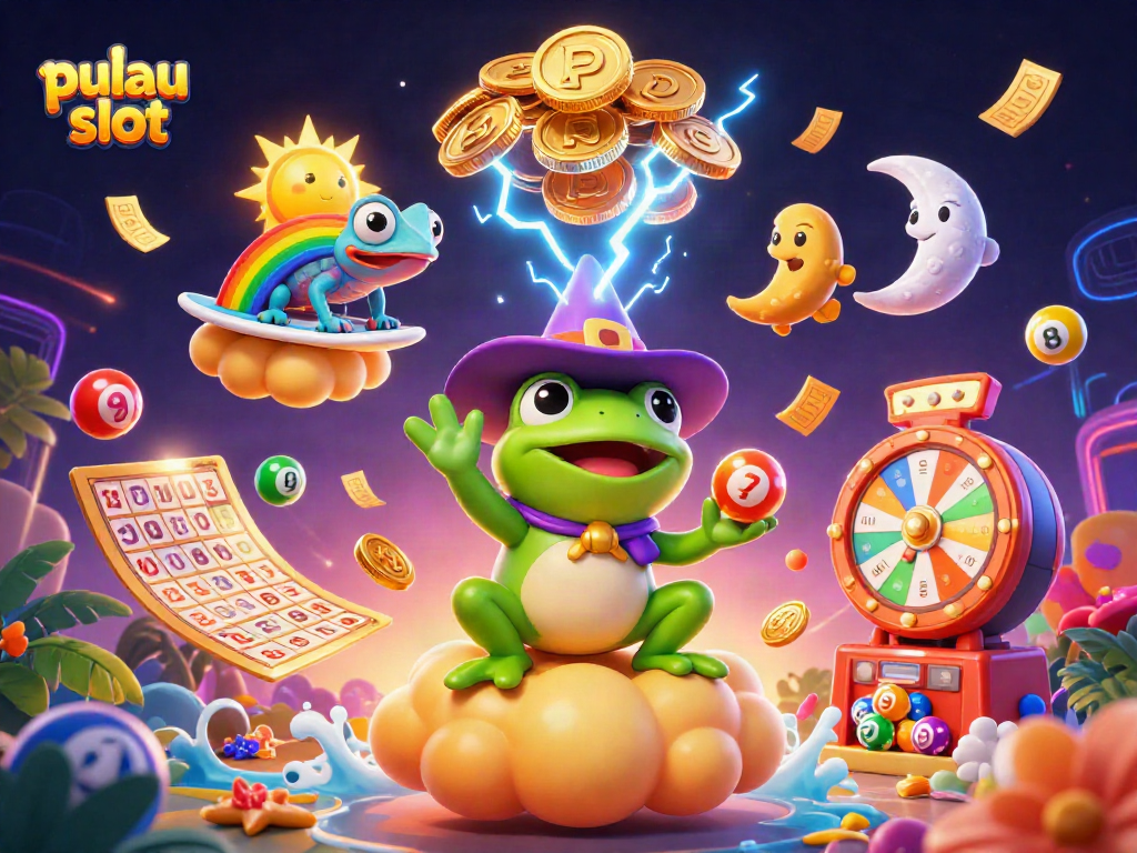 Experience the excitement of pulau slot with vibrant characters amidst colorful lottery elements.