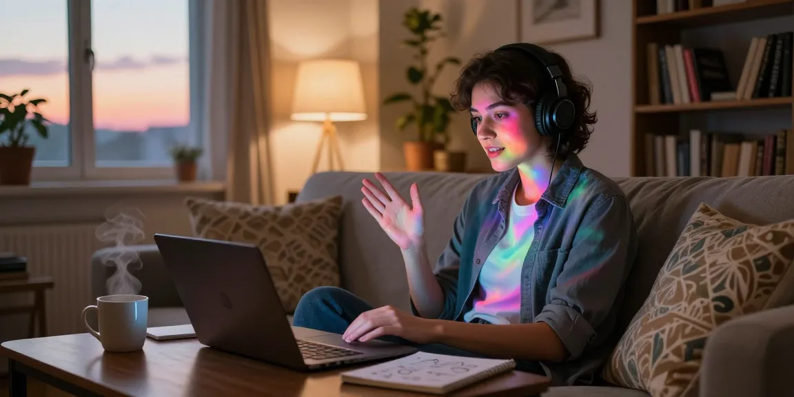 Engaging with an AI girlfriend in a cozy living room while enjoying a warm atmosphere.