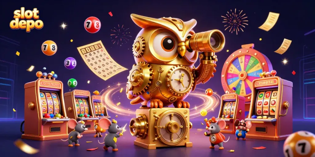 Experience the excitement of slot depo with a dynamic casino scene featuring lively characters and vibrant game elements.