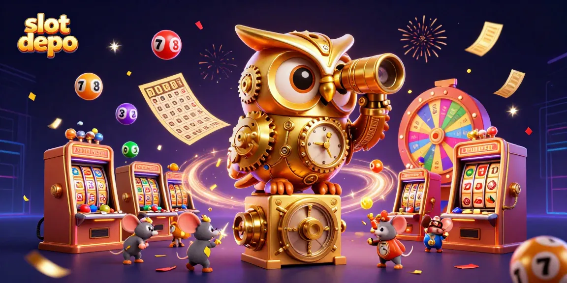 Experience the excitement of slot depo with a dynamic casino scene featuring lively characters and vibrant game elements.