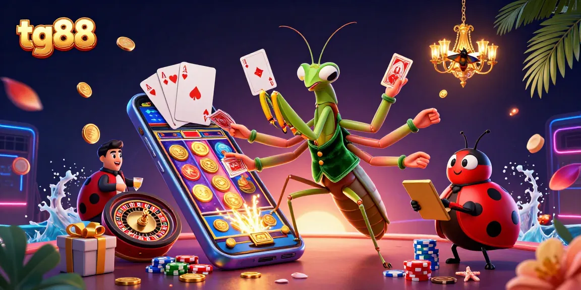 Experience exciting action at tg88, where a giant praying mantis dealer manages chips and cards surrounded by vibrant slot and casino elements.