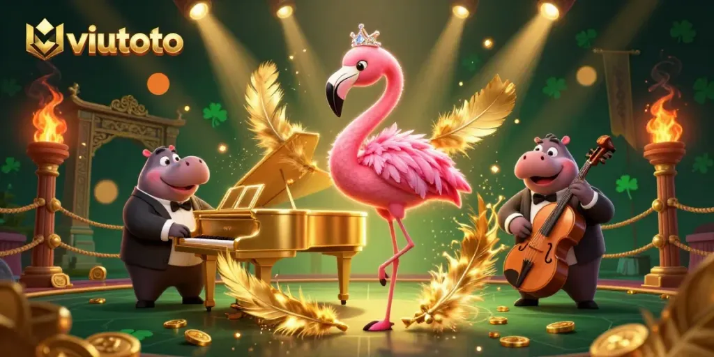 Viutoto menangkap suasana kasino dengan penyanyi flamingo dan hippo pengiring di panggung megah.
