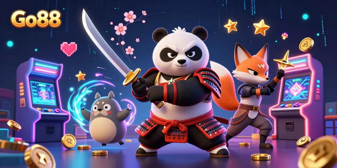 Win big at Go88 with a fierce samurai panda and ninja fox amidst vibrant gaming action.