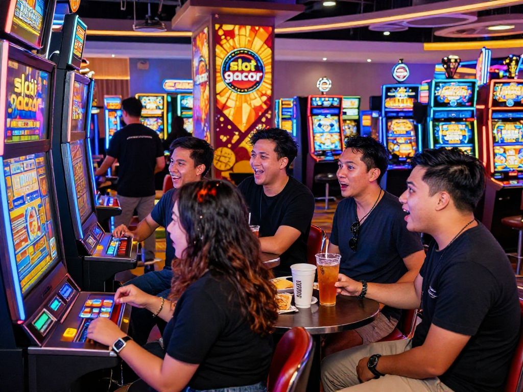 Friends enjoying the thrill of slot gacor in a bustling casino atmosphere.