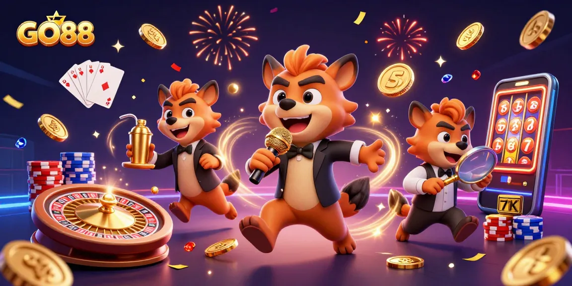 Experience GO88's vibrant casino atmosphere with hyenas mixing drinks and telling jokes.
