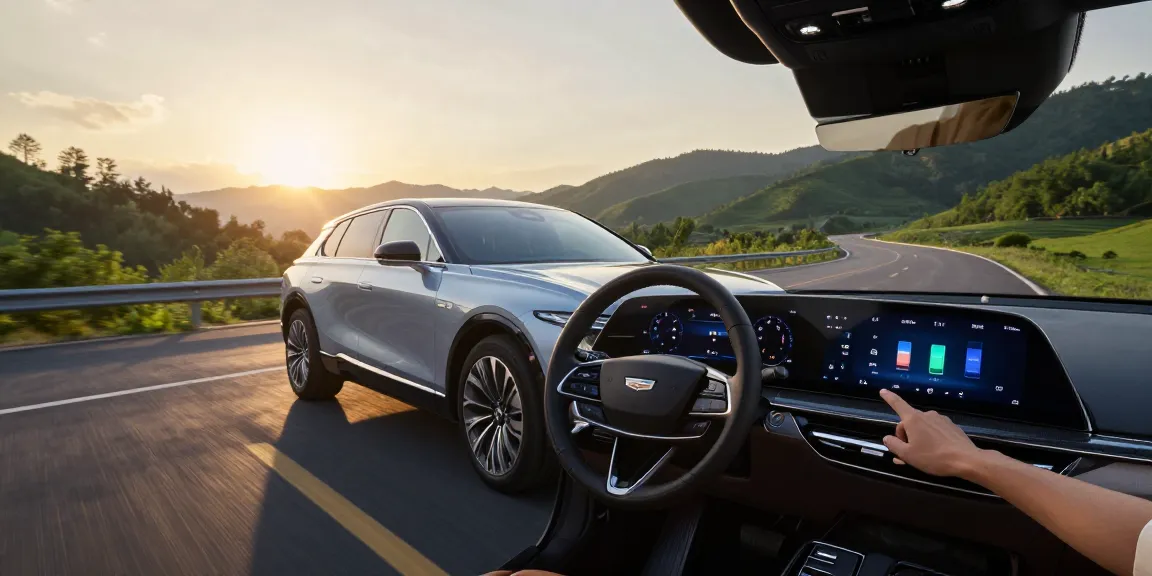 Cadillac Lyriq in scenic landscape demonstrating do the driving modes in cadillac lyriq offer different ranges or battery usages? with sleek design and advanced settings.