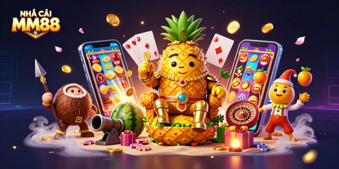 Engage with NHÀ CÁI MM88's vibrant casino scene featuring a golden pineapple king and various gaming elements.