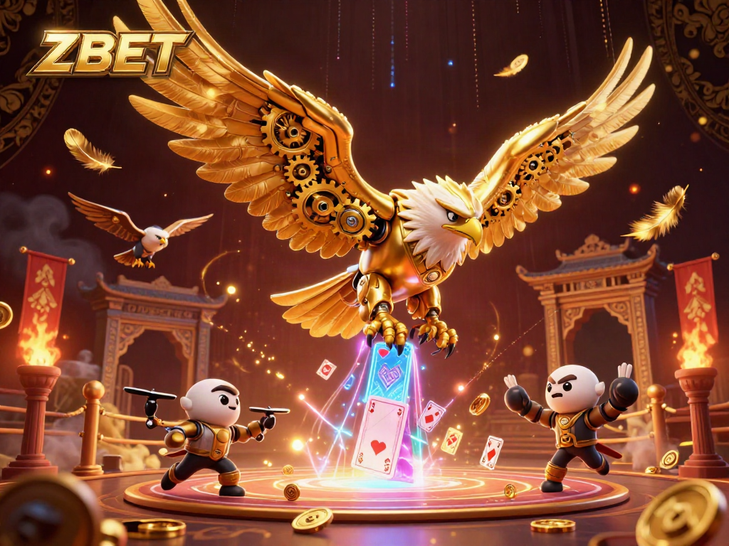 ZBET showcases a vibrant 3D cybernetic eagle diving through holographic cards amidst a dynamic casino environment.