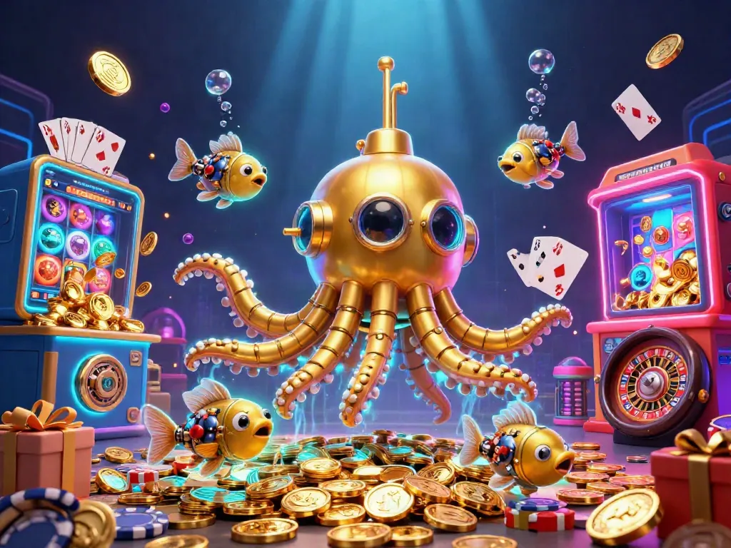 Visualisasi dewaslot88 dengan karnaval mesin slot dan kraken emas bersinar di lautan koin.