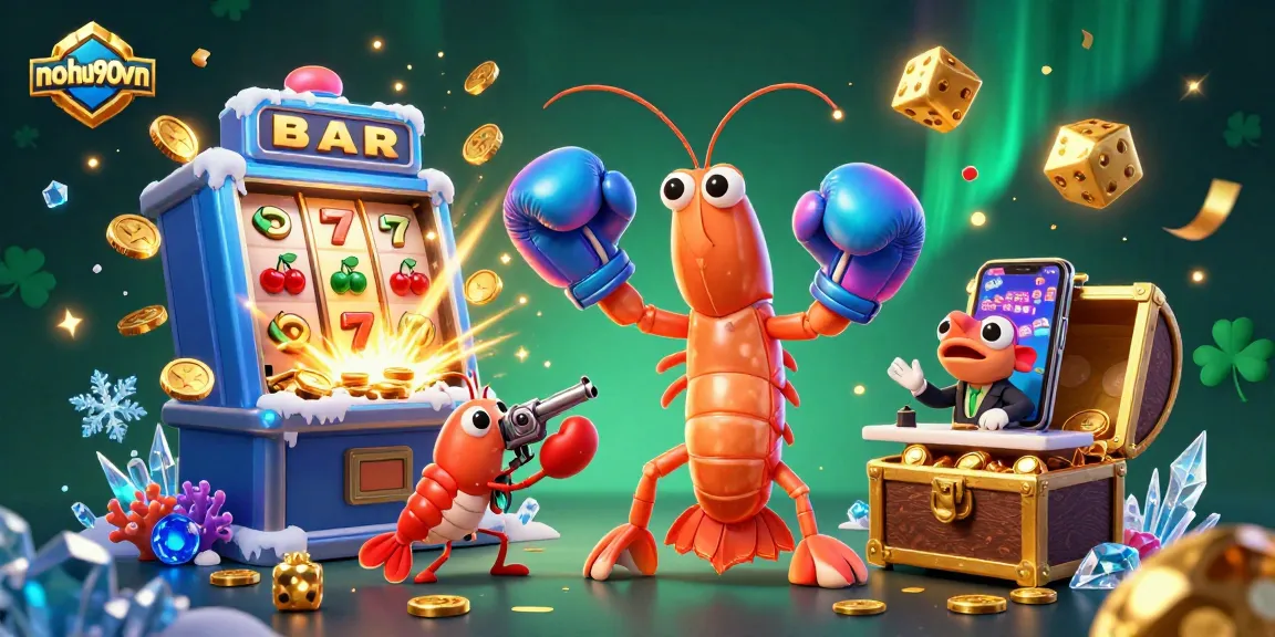 nohu90vn showcases a vibrant casino scene with a winning mantis shrimp character and dynamic game elements.