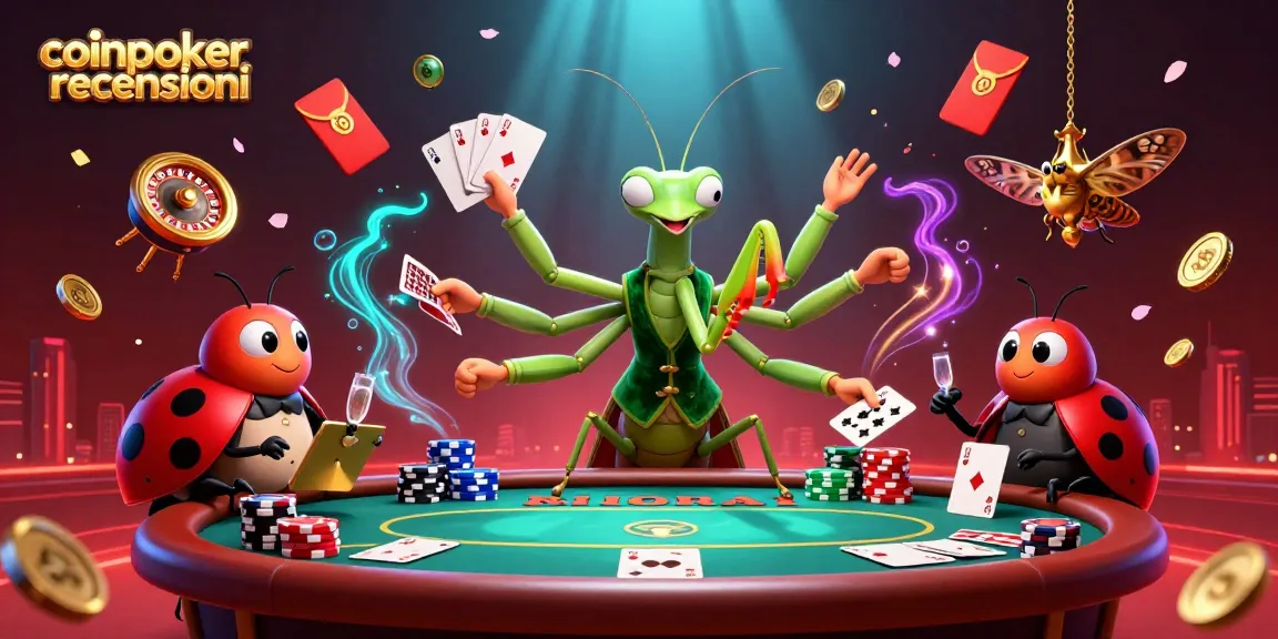 Coinpoker recensioni: gioca poker virtuale con un mantide card sharp e una coccinella pit boss.