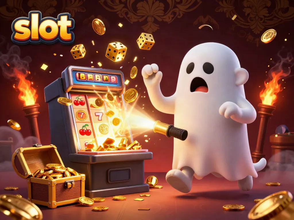 Slot penuh warna dengan mesin slot megah dan karakter kartun di kasino.