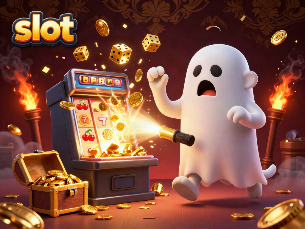 Slot penuh warna dengan mesin slot megah dan karakter kartun di kasino.