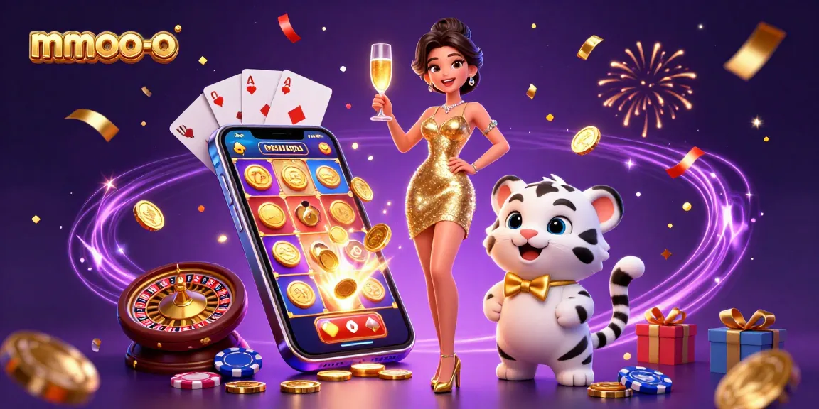 Play exciting games at mmoo-o with a glamorous woman and lucky tiger, winning golden coins.