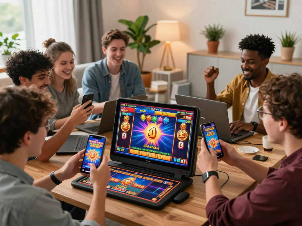 Players enjoying a gacor slot game at home with vibrant graphics and devices.