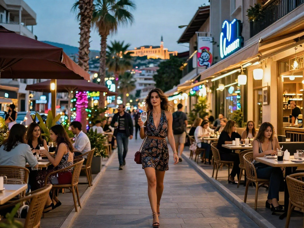 Antalya Merkez Escort stylish woman enjoying nightlife in vibrant city setting