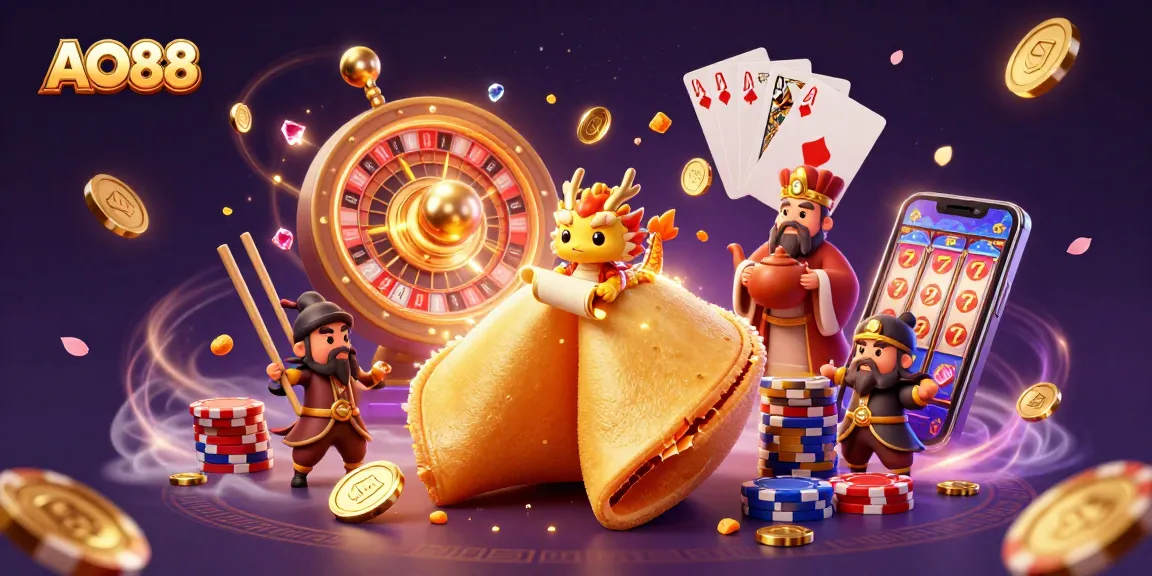Experience thrilling moments with AO88 in this vibrant 3D casino scene featuring dynamic elements of fortune.