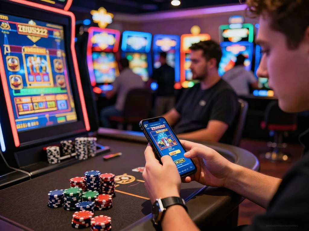 Pengalaman bermain slot online ZEUS222 dengan aplikasi di lingkungan kasino yang dinamis dan berwarna-warni.