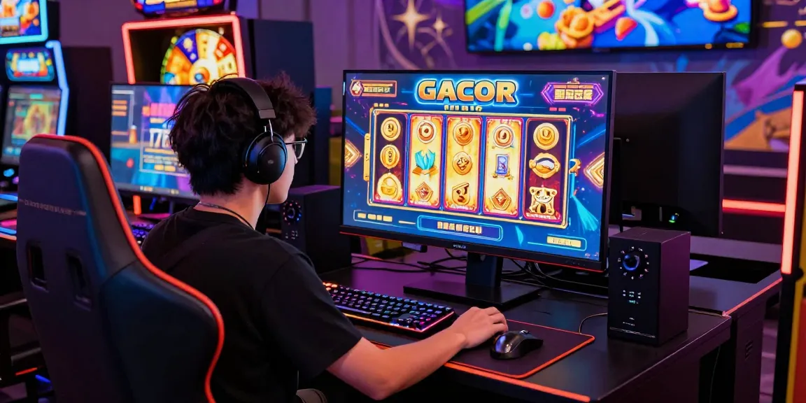 Player engaged with a slot gacor machine in an immersive gaming setup, illuminated desk and vibrant graphics enhance excitement.