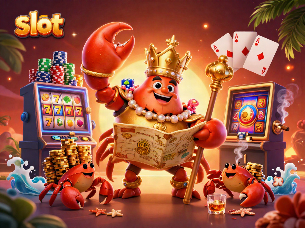 Spin the slot machine reels with golden crab emperor, showcasing exciting jackpots and vibrant symbols.