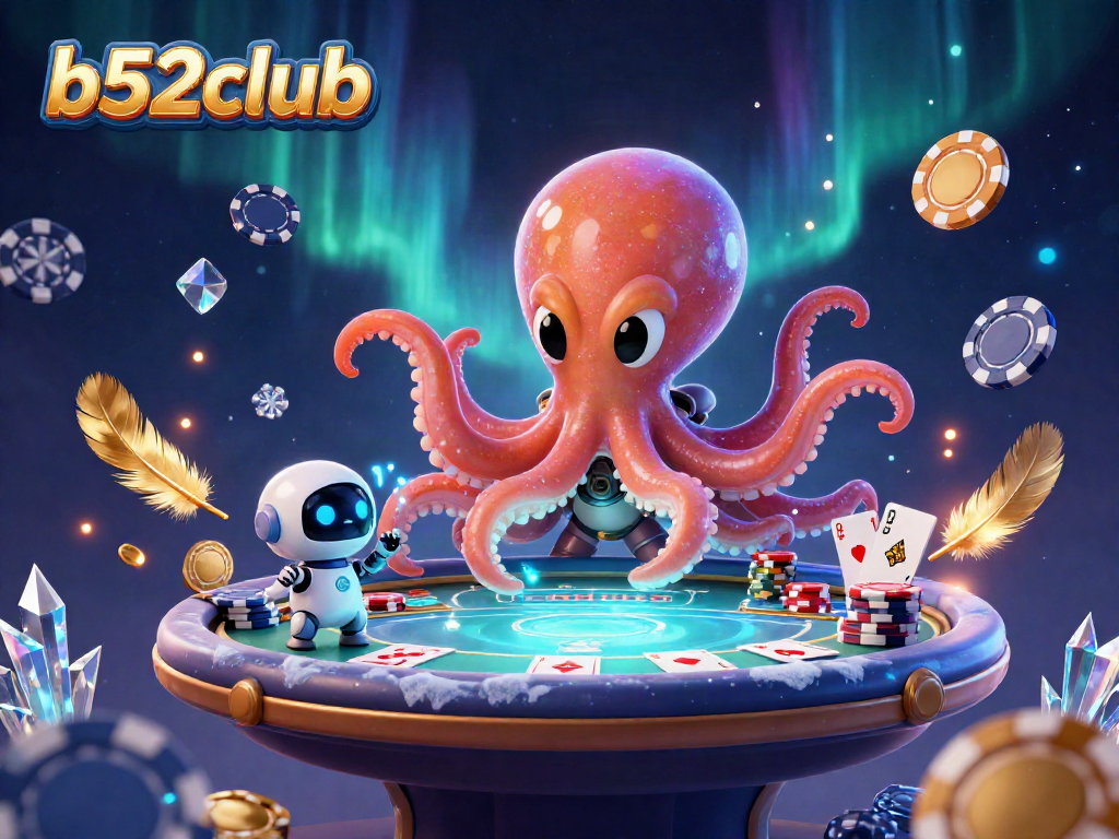 B52club showcases a vibrant gaming scene with an alien octopus and robot at a holographic poker table