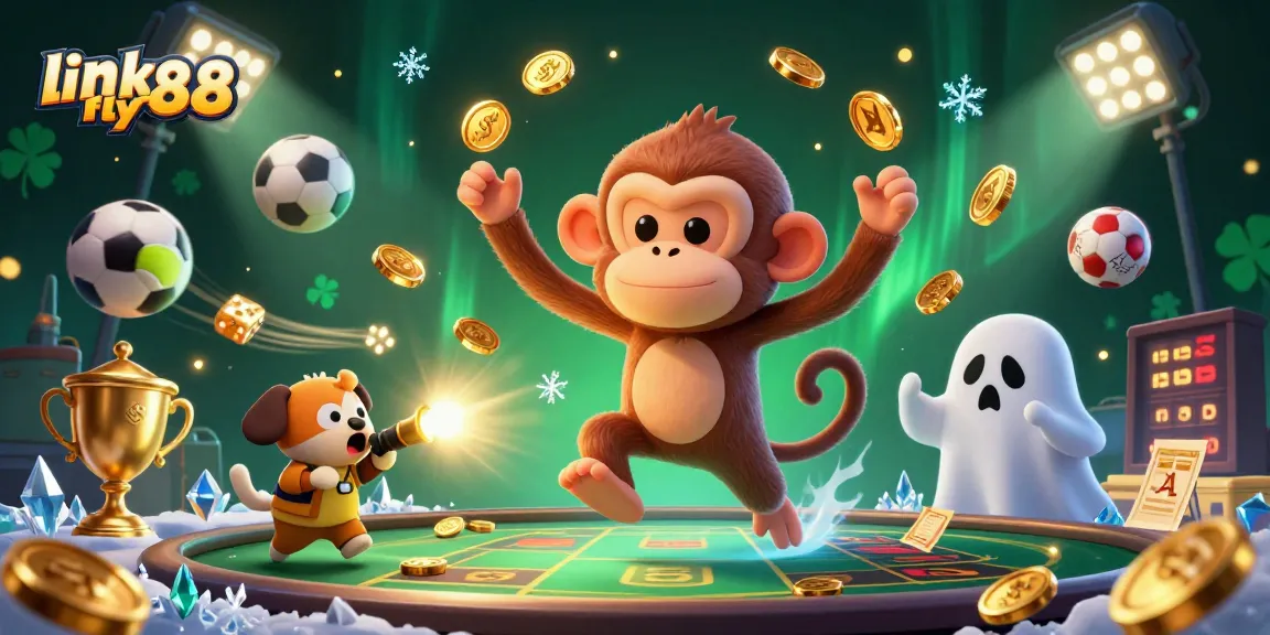 Experience link fly88's thrilling action as a mischievous monkey juggles golden coins in a haunted casino.
