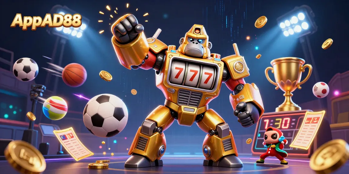 Play dynamic games on App AD88 with a vibrant 3D illustration of a golden gorilla mech and sports elements.