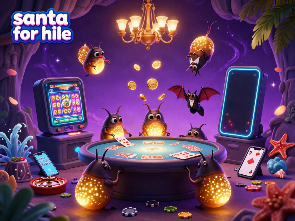 Experience the festive charm of santa for hire with a vibrant casino scene animated by glowing glowworms and a bat dealer.