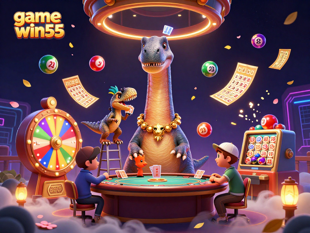Engage with game win55 in a lively casino scene featuring vibrant characters and dynamic gambling elements.