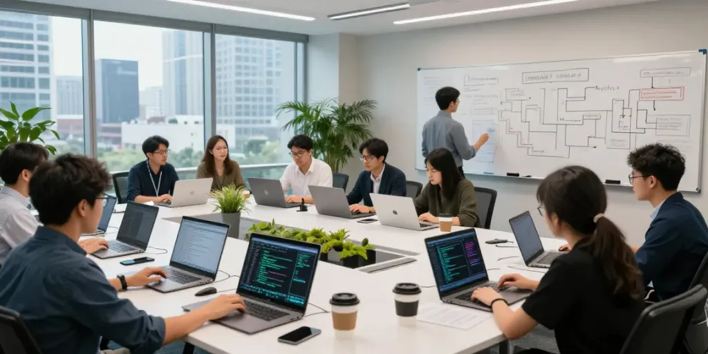 Enterprise AI team collaborating in a modern office space, showcasing innovation and teamwork.