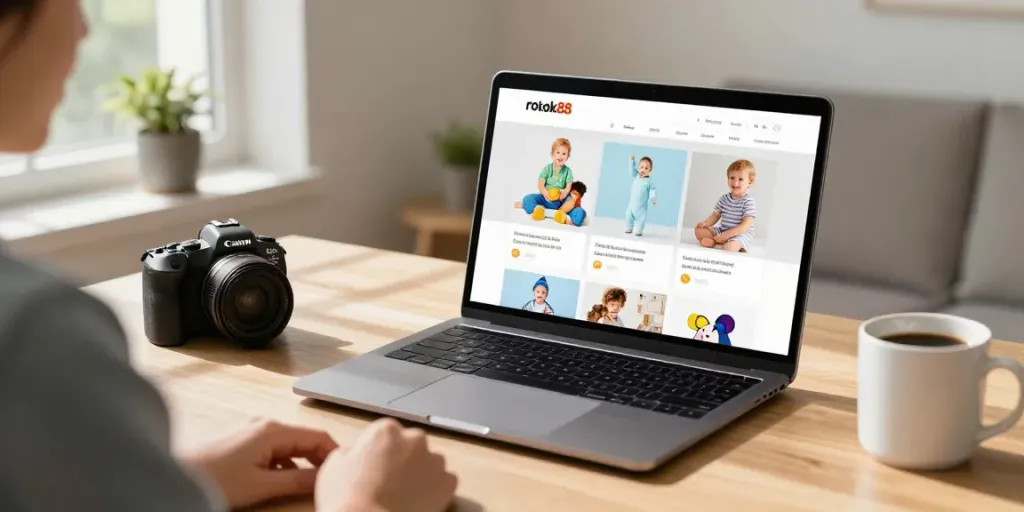 Person browsing rokok88's online store for baby products in a cozy home office.