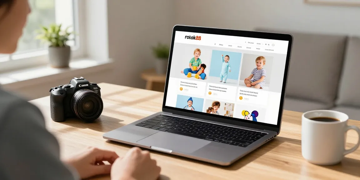 Person browsing rokok88's online store for baby products in a cozy home office.
