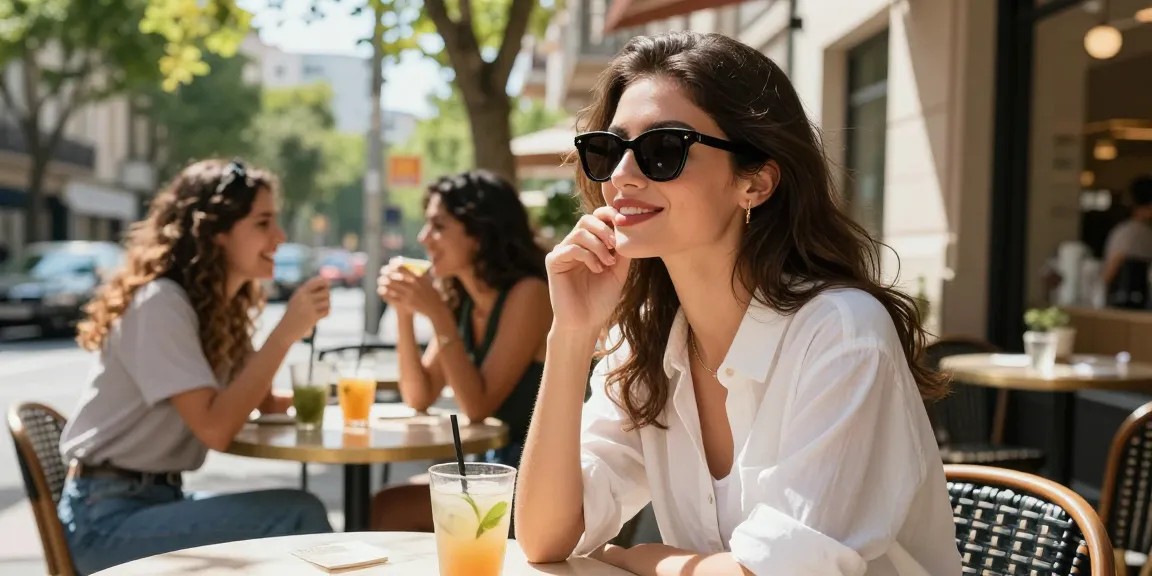Mulher usando óculos de sol estilosos em café ao ar livre, aproveitando o dia ensolarado.