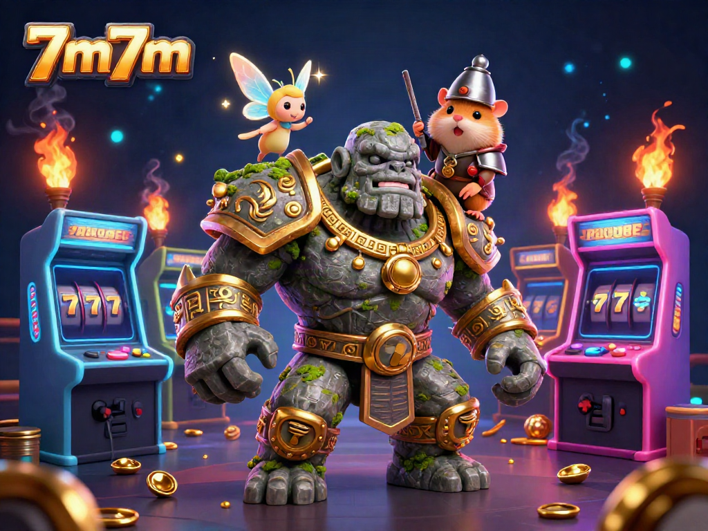 Experience the excitement of 7m7m with a dynamic fantasy scene illustrating casino elements with a stone golem and companions.
