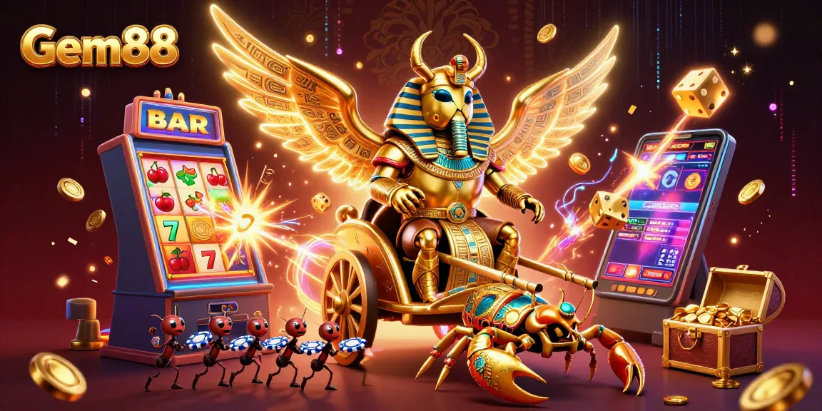 Experience the thrill of Gem88 with a vibrant scene featuring a chariot driven by a golden scarab beetle amidst dazzling casino elements.